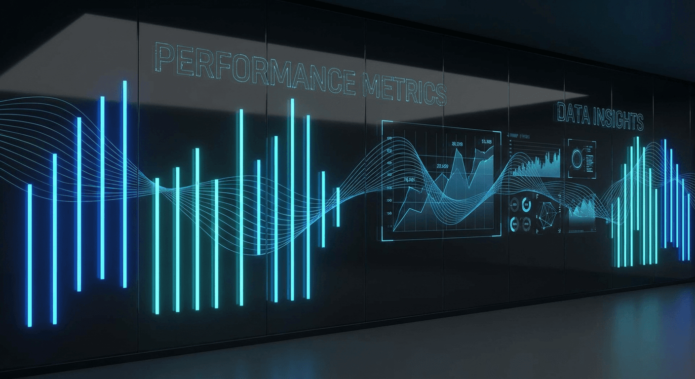 Abstract performance metrics visualization with glowing data charts on dark background