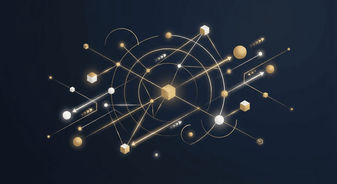 Abstract API comparison visualization with interconnected endpoints on dark background