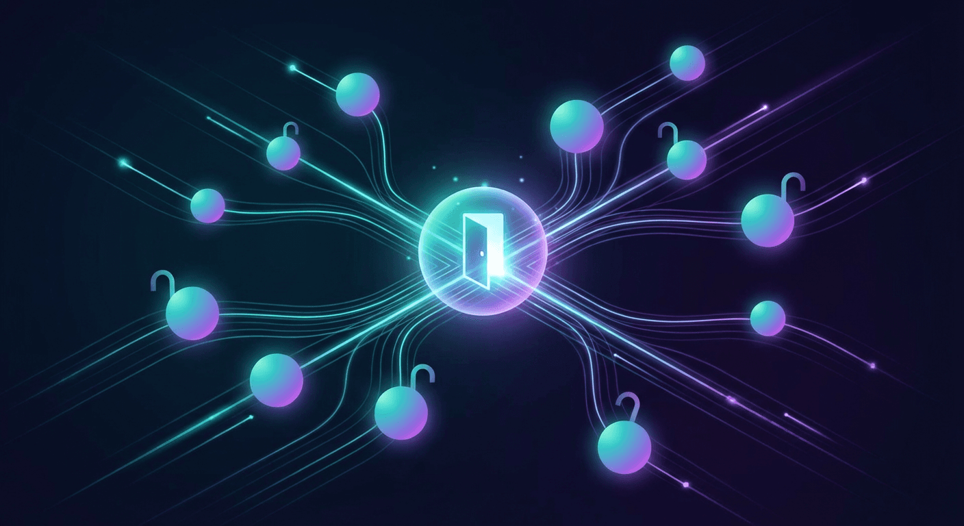 Abstract futuristic visualization of open AI access with glowing nodes on dark background