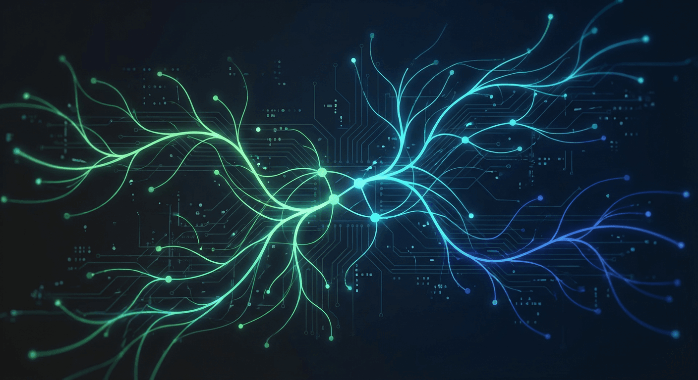 Abstract visualization of open source code with glowing branching networks on dark background