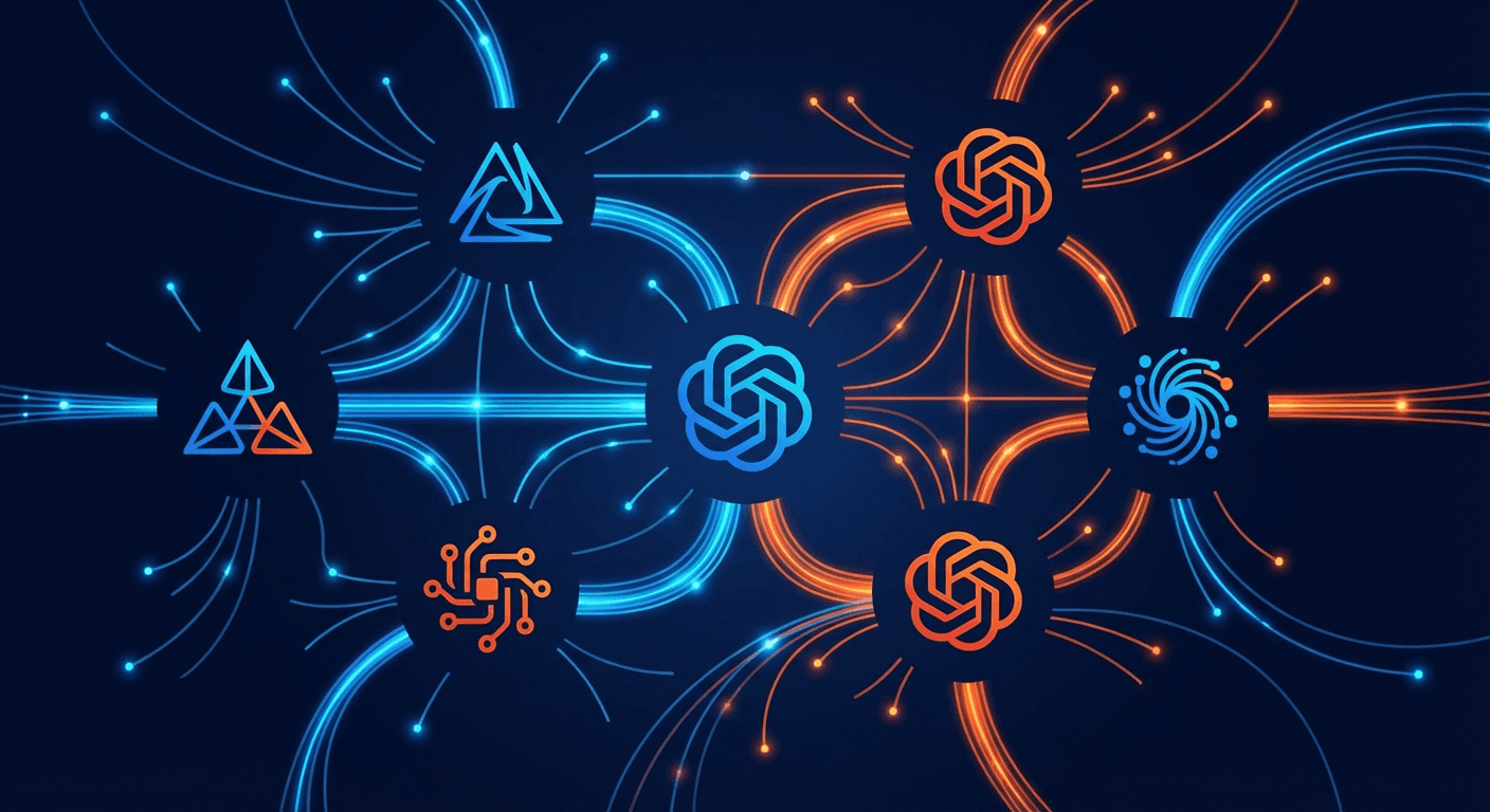 Abstract visualization of multiple AI providers connected by neural pathways on dark background